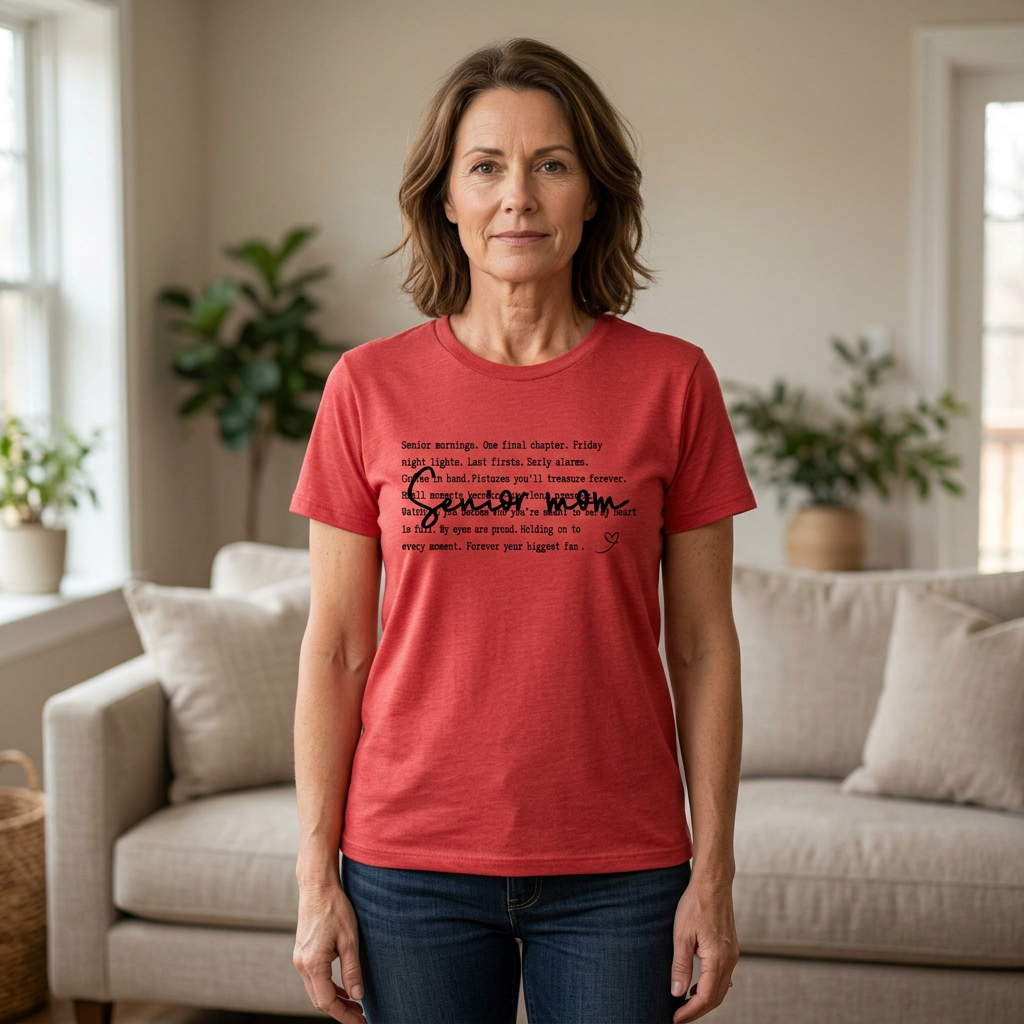 Woman wearing the red sentimental Senior Mom T-shirt