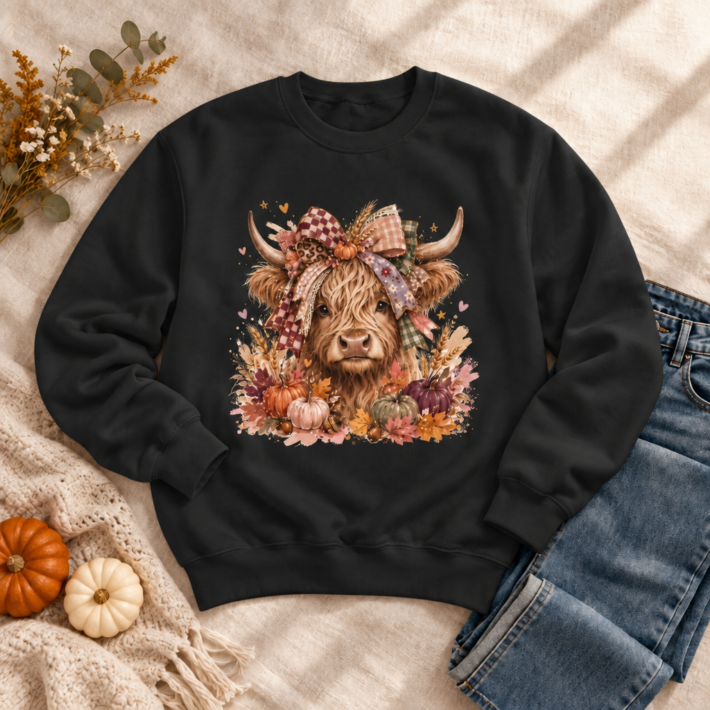 Jet Black Highland Cow boutique sweatshirt mockup