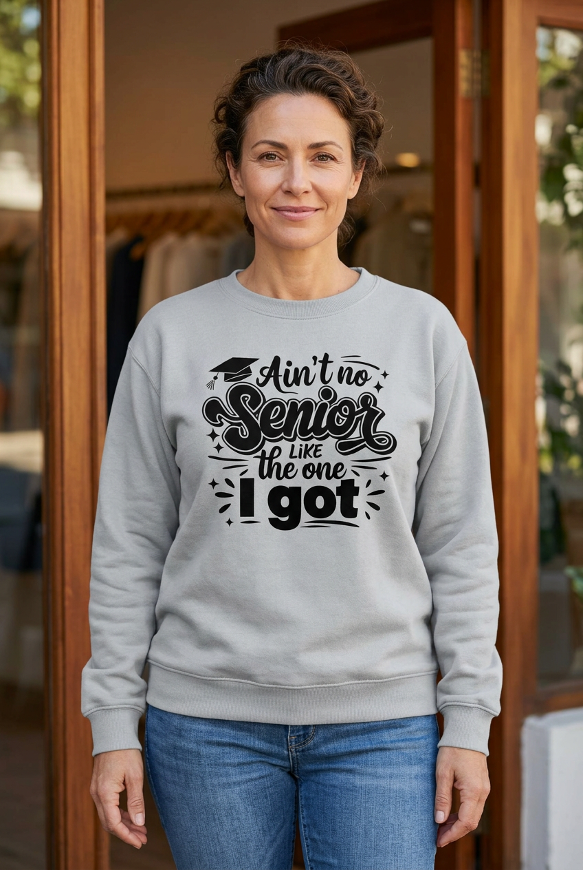 Light Steel Senior Squad sweatshirt on a woman