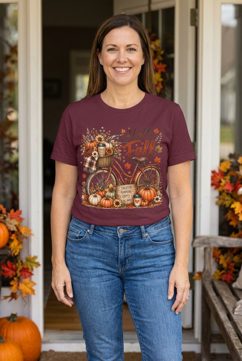 Maroon Hello Fall tee on a woman