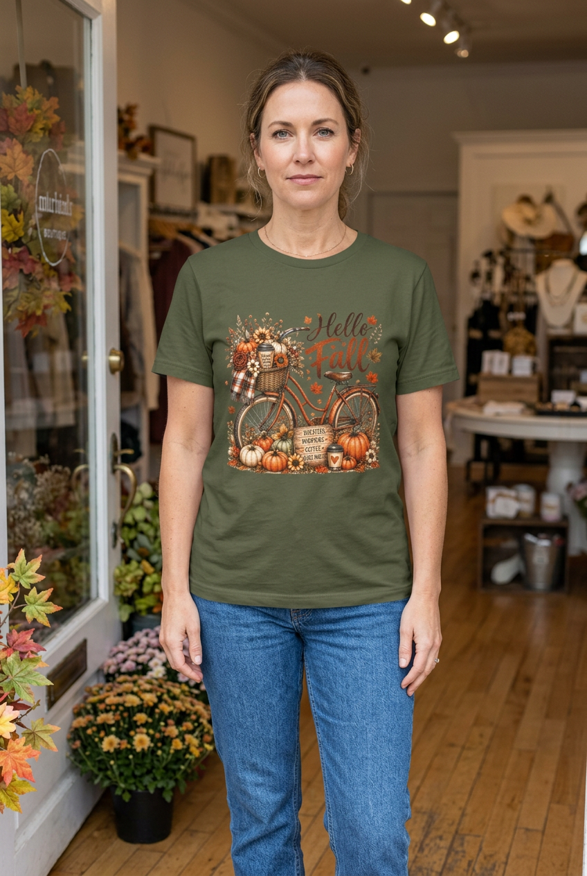 Military Green Hello Fall tee on a woman