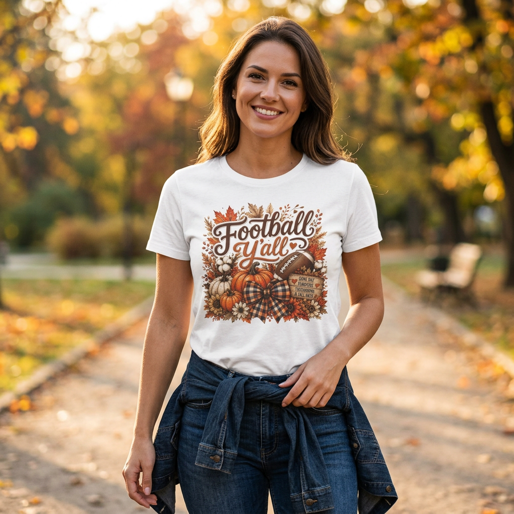 Polished lifestyle photo of the Football Y'all tee
