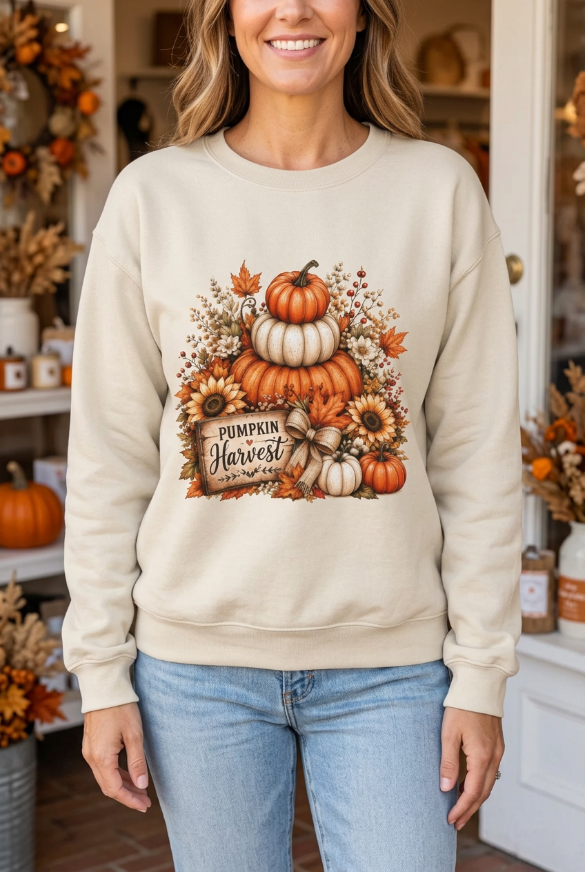 Sand Pumpkin Harvest sweatshirt on a woman