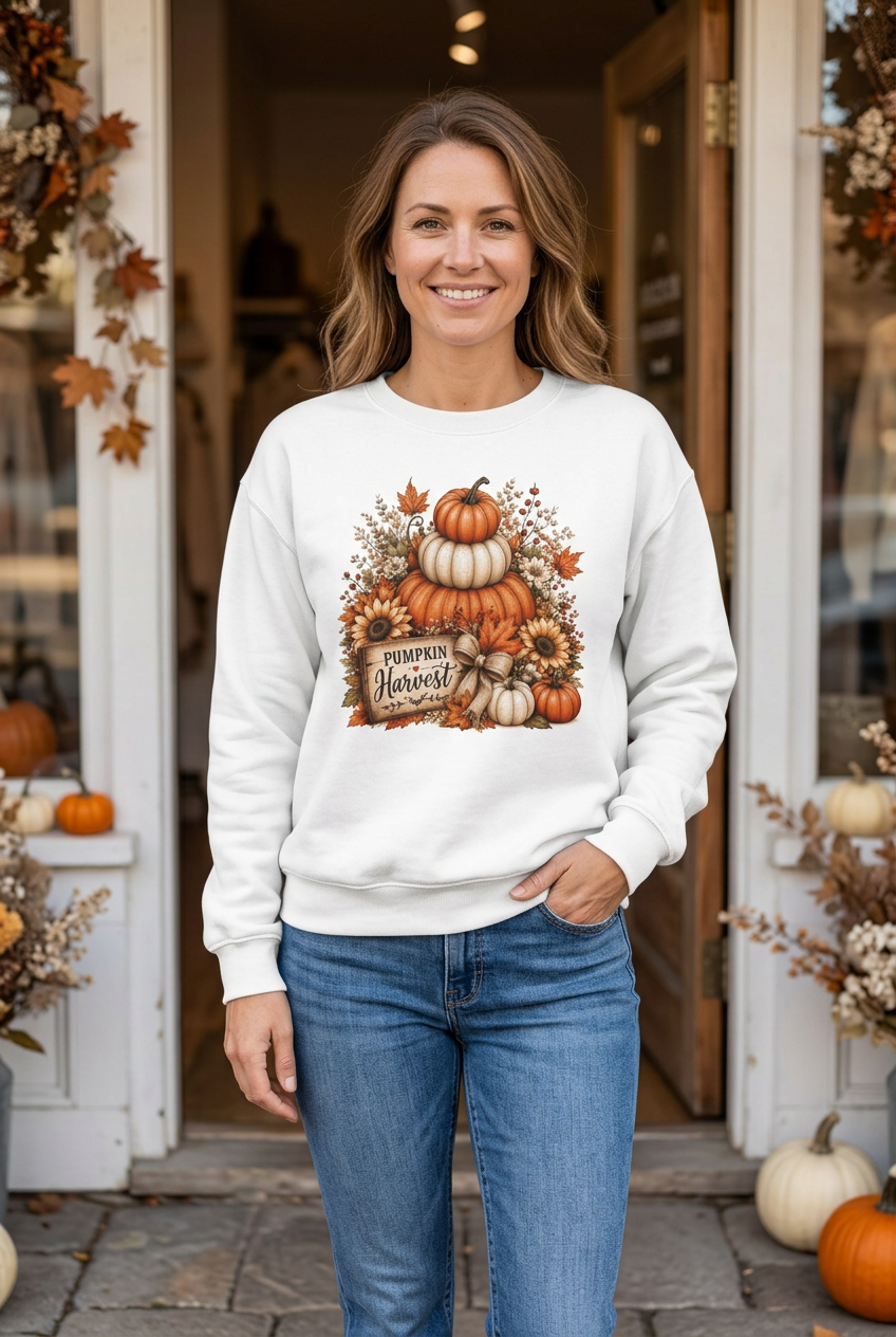 White Pumpkin Harvest sweatshirt on a woman